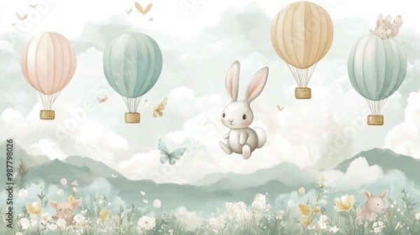 Obraz Transport yourself to a whimsical wonderland with this charming illustration. As you gaze upon its surface, you will be greeted by an adorable bunny hopping beneath vibrant hot air balloons