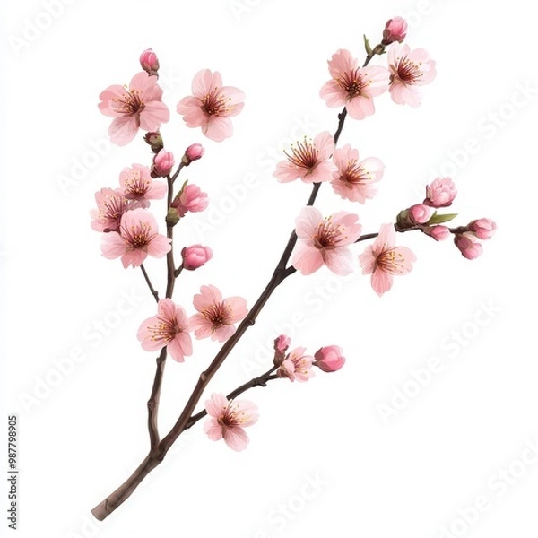 Obraz Beautiful pink cherry blossom branch with delicate flowers and buds, perfect for spring-themed designs and floral arrangements, white background