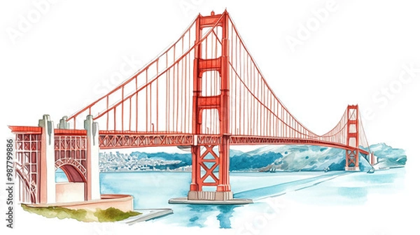 Fototapeta watercolor painting of Golden Gate Bridge isolated on white background
