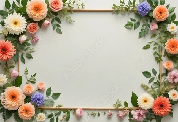 Fototapeta Dried flowers and leaves arranged in a frame on a light background