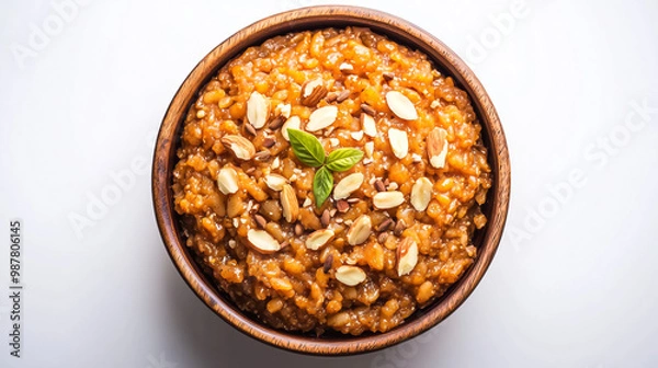 Fototapeta Rich, golden Moong Dal Ka Halwa garnished with almonds and cardamom, served in a traditional bowl