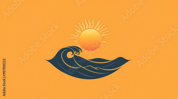 Fototapeta A simple design of a wave cresting under a sun in a light orange background.