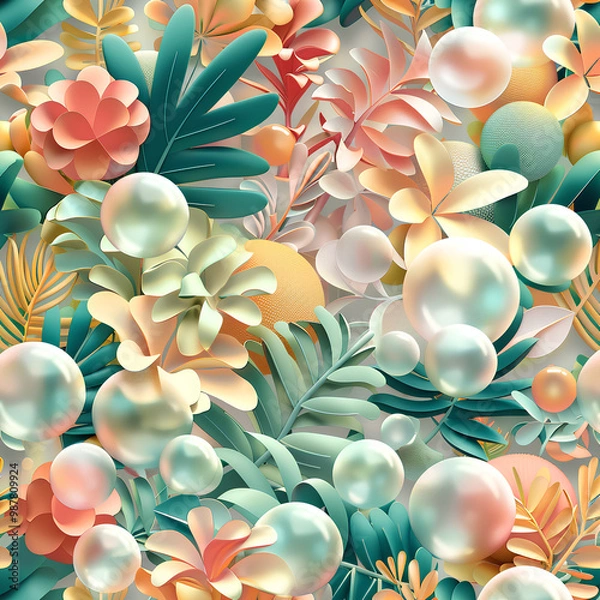 Obraz Create a collection of seamless patterns featuring 3D plants and bubbles-2