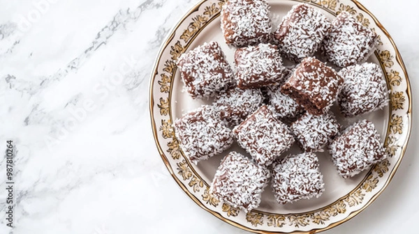 Fototapeta Soft, sponge cake Lamingtons coated in chocolate and shredded coconut, arranged neatly on a decorative plate