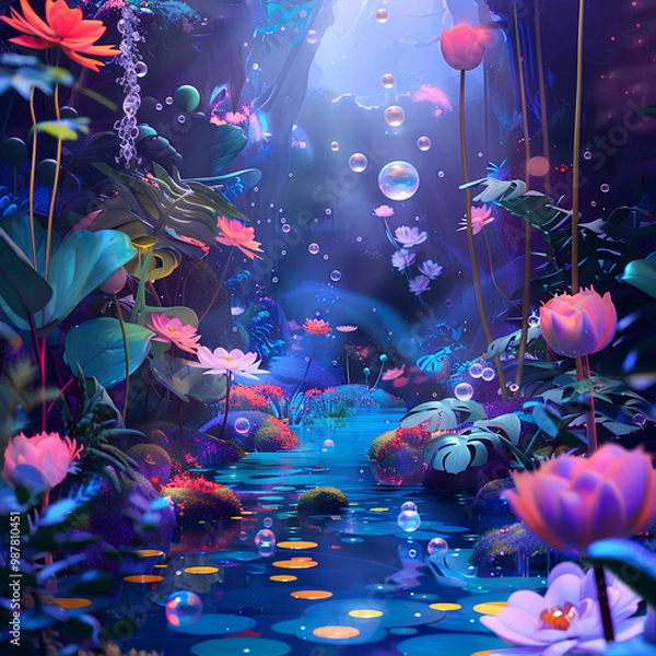 Obraz Create fantasy landscape illustrations featuring surreal 3D plants, floating bubbles-3