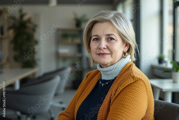 Obraz smart casual wear cardigan and sweater, hopefulness and trust, older procurement officer who is happy, lounge chair, collaboration table, dramatic light, aged person portrait