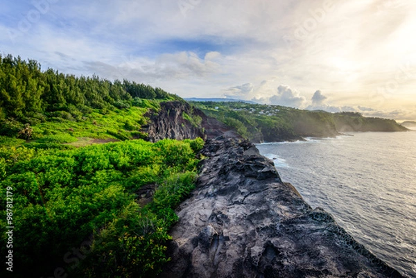 Fototapeta Piton Grande Anse and rocky coast of Reunion Island at morning