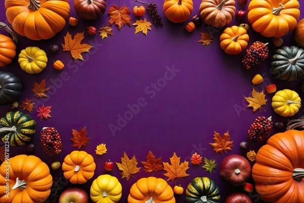 Fototapeta 3D Pumpkin and Autumn Fruit Display on Purple Background for Thanksgiving and Halloween