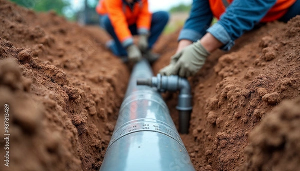Fototapeta Close-up of an excavation trench for utility networks, highlighting sewer pipe installation and infrastructure work.






