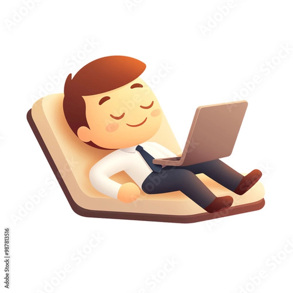 Fototapeta Relaxed man working on laptop, joyful expression, comfortable couch. transparent background