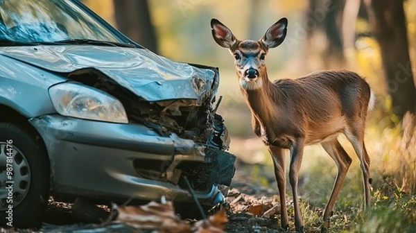 Fototapeta A car crashed into a deer that ran out of the woods.  The accident damaged the car and hurt the deer. This is a common problem where cars and wildlife meet.