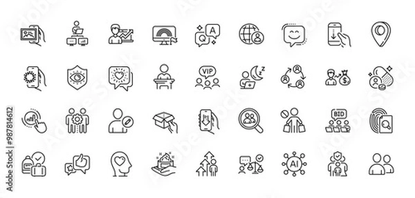 Fototapeta Friends chat, Graph chart and Hold box line icons pack. AI, Question and Answer, Map pin icons. Eye protection, Employees teamwork, Download app web icon. Vector