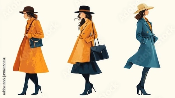 Fototapeta Elegant Women in Fashionable Coats and Hats Walking in Style