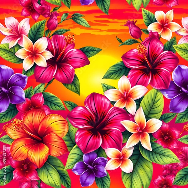 Obraz Seamless pattern with hibiscus flowers. Vector illustration.