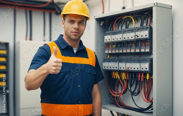 Obraz Electricista sonriente junto a un cuadro eléctrico con gesto de aprobación