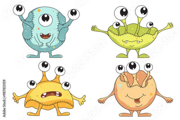 Obraz A set of four round colourful monsters. Funny cartoon aliens. Cute fairy tale character. Funny microbe.