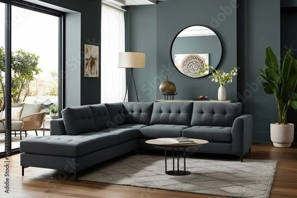 Fototapeta Modern Chic Lounge Featuring Charcoal Grey Sectional Sofa and Expansive Window Design