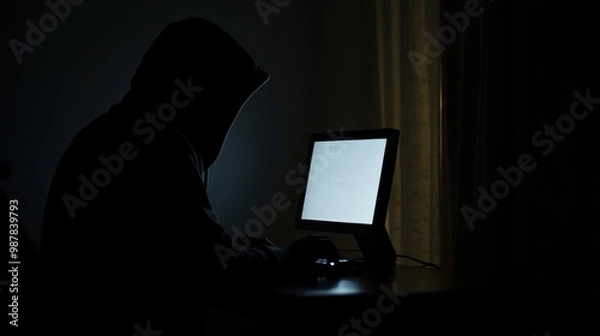 Fototapeta A silhouette of a person in a hoodie working on a computer in a dark room.