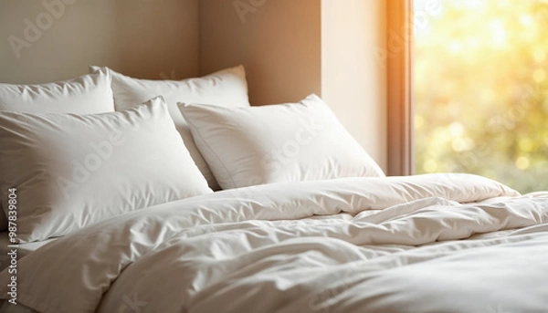 Fototapeta Luxurious bed scene with white bedding and soft pillows, promoting home decor products.






