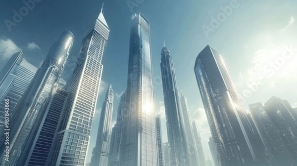 Obraz Picture of modern skyscrapers in a futuristic financial district. The smart city architecture glistens under the warm sun, representing the future of urban design.
