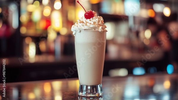 Fototapeta Banana milkshake with whipped cream in a café