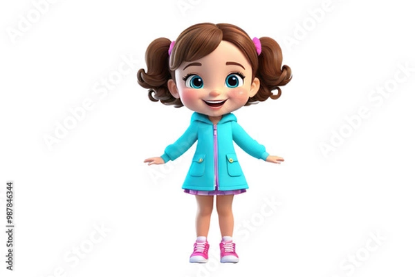 Obraz 3D cute happy cartoon girl full body, centered, cut out, isolated, crisp white background, high-quality stock photography, ultra clear, vibrant colors
