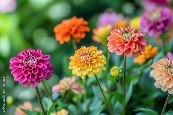 Fototapeta Colorful Dahlia Flowers Blooming in Summer Garden