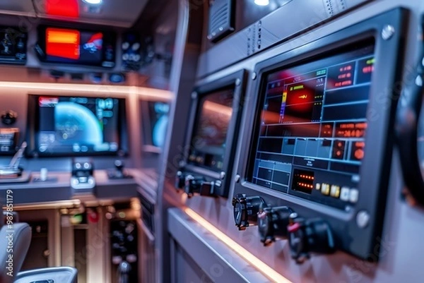 Fototapeta A close-up of the captaina??s cabin interior, showcasing a detailed view of the control console and integrated technology on the wall. The scene is captured with high-definition precision.