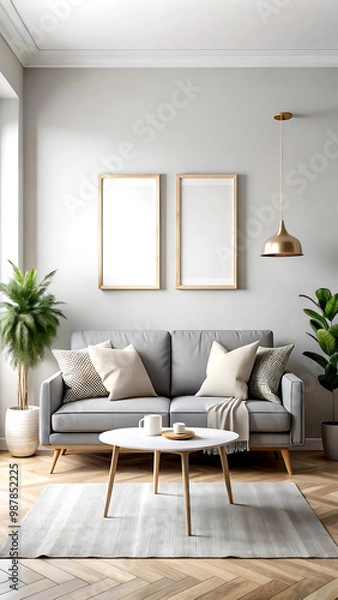 Fototapeta Home interior with gray sofa and white wall mock up, Scandinavian style, 3d render, white Mock up frame