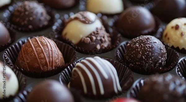 Fototapeta Assorted artisan chocolates displayed in an elegant arrangement for a special occasion