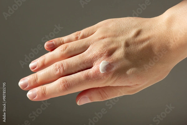 Fototapeta Close-up of a woman applying a topical treatment to eczema on her hands.