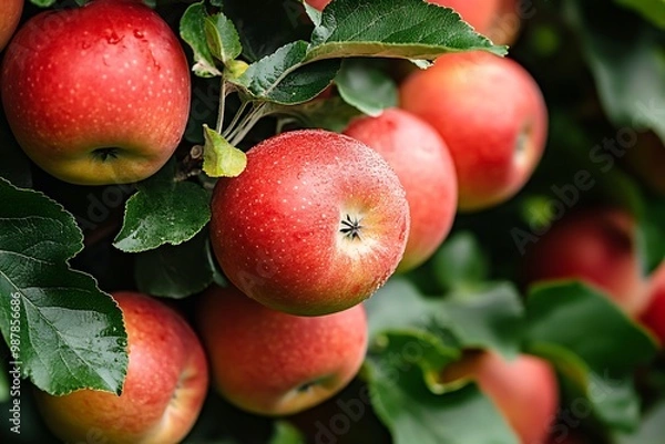 Fototapeta Red apples on a branch with green leaves, close up photo