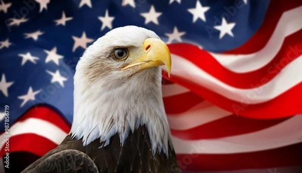 Fototapeta eagle standing in front of american flag 