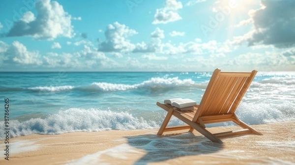 Fototapeta A reclined beach chair under a bright blue sky with a book resting on it and soft waves in the background, creating a peaceful and intellectual atmosphere in bright daylight.