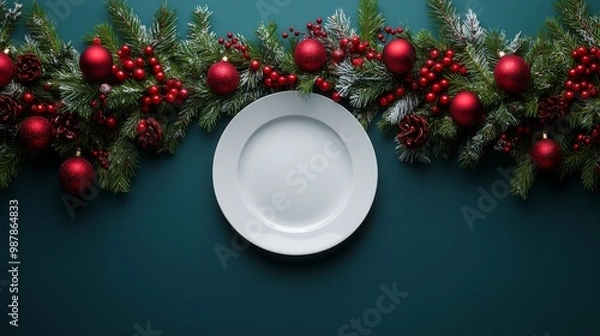 Fototapeta A festive empty plate surrounded by Christmas decorations on a vibrant red table