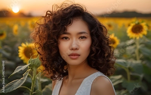 Fototapeta An Asian woman standing in a sunflower fields,generative ai