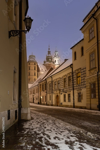 Fototapeta Wawel castle and Wawel cathedral from kanonicza street in the night, Krakow, Poland