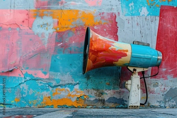 Obraz Colorful megaphone is leaning on a graffiti wall, ready to convey an important message