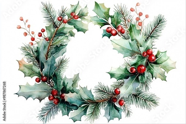 Obraz Watercolor Christmas wreath with holly and pine branches.