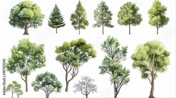 Obraz Watercolor illustration of a collection of various trees on a white background.