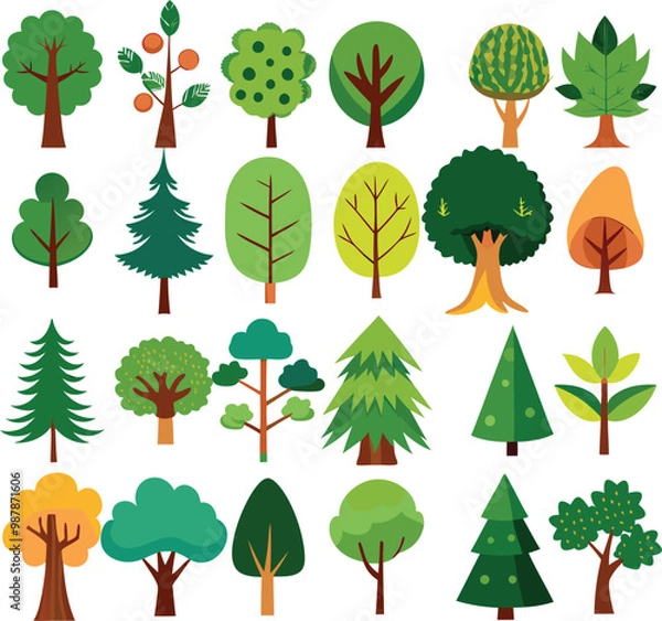 Fototapeta A diverse collection of colorful trees, offering a variety of shapes and sizes for a vibrant landscape. Each tree is uniquely designed, showcasing a range of foliage styles.