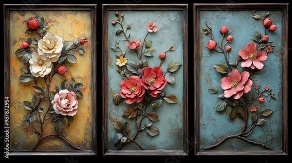 Fototapeta A set of three art posters featuring intricate floral designs, This stunning and beautifully designed set of three 3D floral wall.