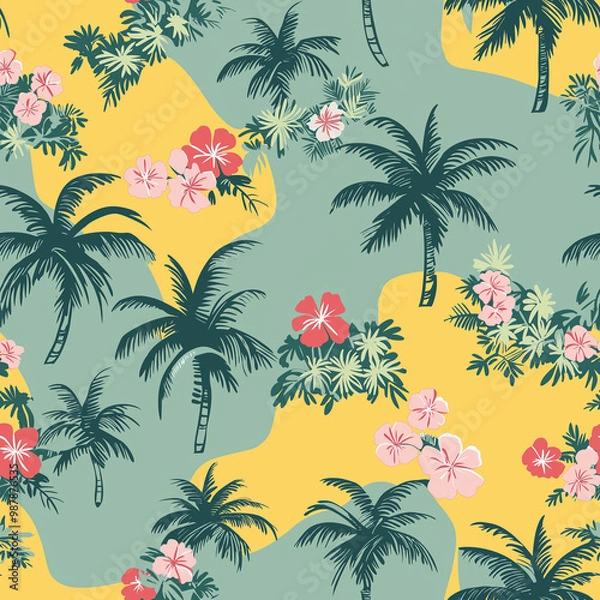 Fototapeta Vintage style palm trees seamless pattern, with muted colors