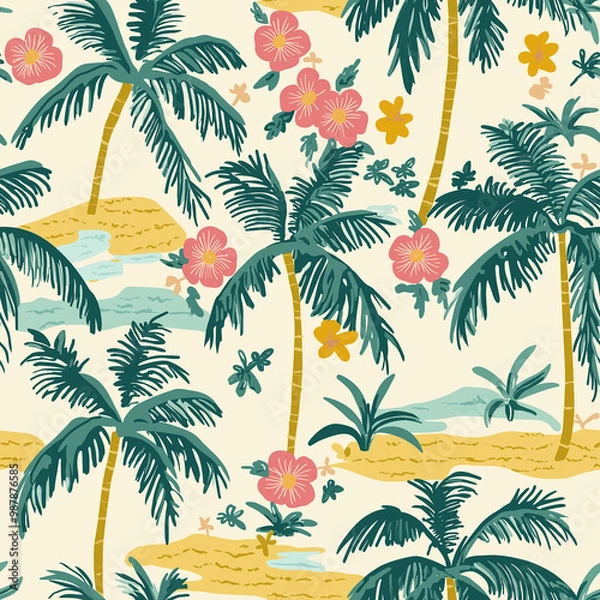 Fototapeta Vintage style palm trees seamless pattern, with muted colors