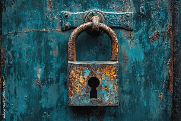 Fototapeta A close up of rusty padlock on weathered blue door, showcasing intricate details of lock and texture of peeling paint. image evokes sense of security and history