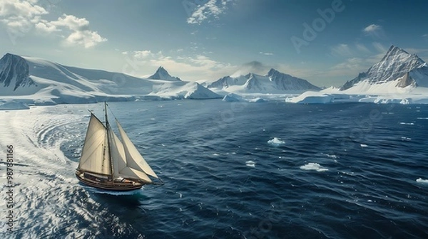 Obraz A sailing boat majestically moving across the ocean, with breathtaking icy mountains in the background
