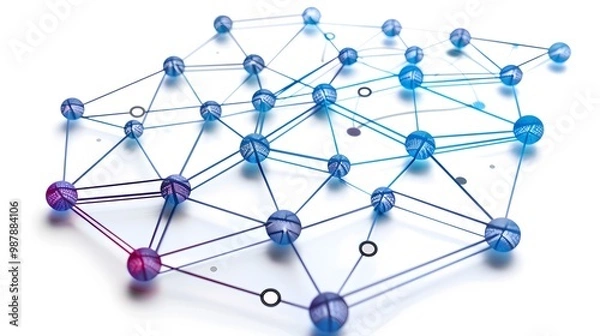 Obraz Abstract network graphic showcasing interconnected nodes in vibrant blue and purple hues, representing data flow and connectivity.