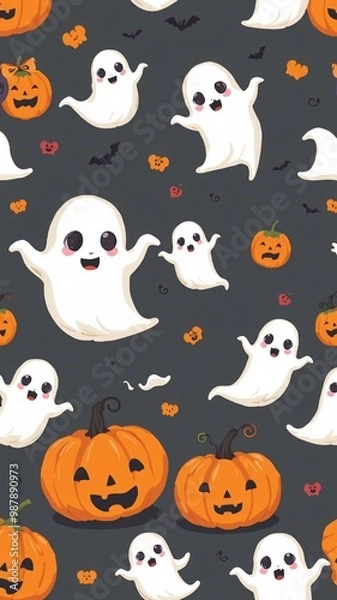 Fototapeta Cute cartoon ghosts and jack-o'-lanterns create a festive Halloween-themed pattern on a dark background