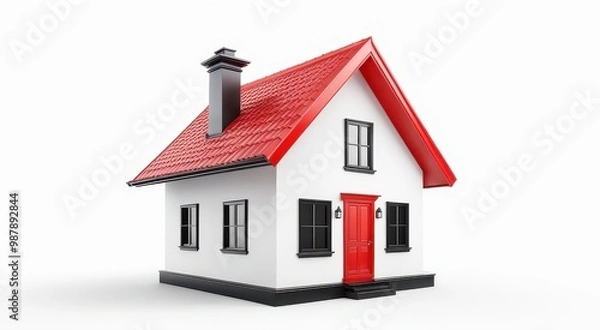 Fototapeta A small, stylized house with a red roof and door, set against a white background.