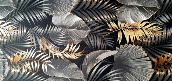 Fototapeta Texture of black wallpaper with an ornament of palm leaves with gold and silver elements. Luxury wallpaper with palm leaves ornament. Black exotic background ornament. Interior design wallpaper.